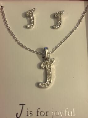 Rhinestone Initial “J” Necklace & Earrings Gift Set NIB – 18” Chain